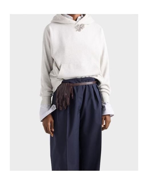 Prada White Cotton Fleece Hoodie With Jewel Brooch