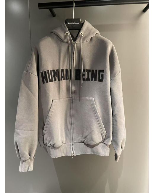 送料込+BALENCIAGA+Human Being Shifted ジップアップ Hoodie Men's Human Being Shifted Zip-up Hoodie in Smoke Grey