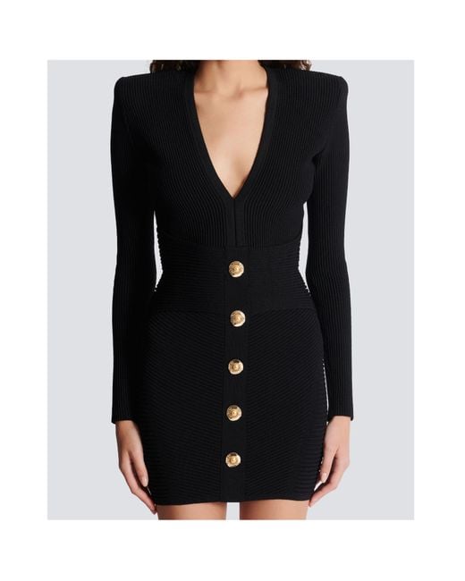 Balmain Black V-Neck Ribbed Long-Sleeved Dress