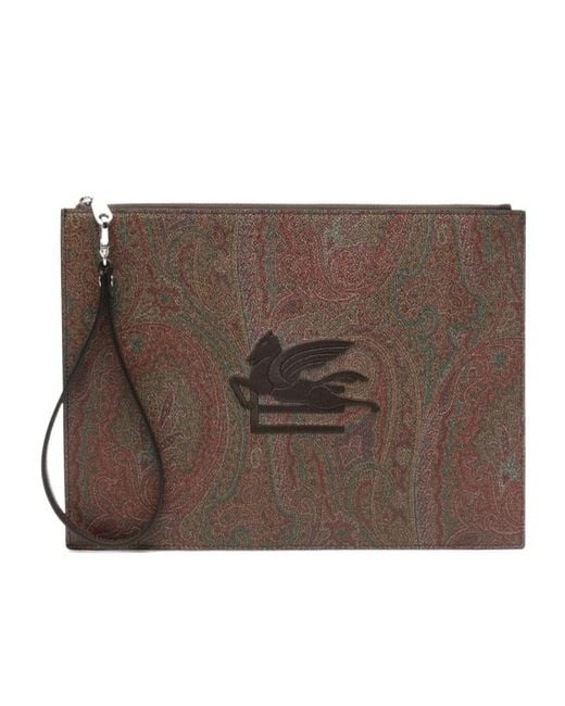 Etro Brown Paisley Logo Wristlet Bag for men
