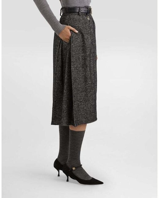 Dolce & Gabbana Gray Pleated Herringbone Midi Skirt