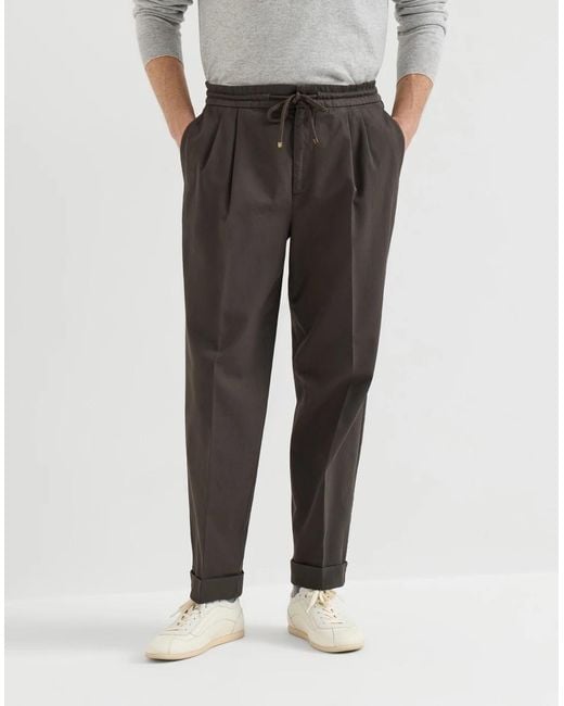 Brunello Cucinelli Gray Garment-Dyed Twisted Cotton Gabardine Trousers With Drawstring And Double Pleats for men