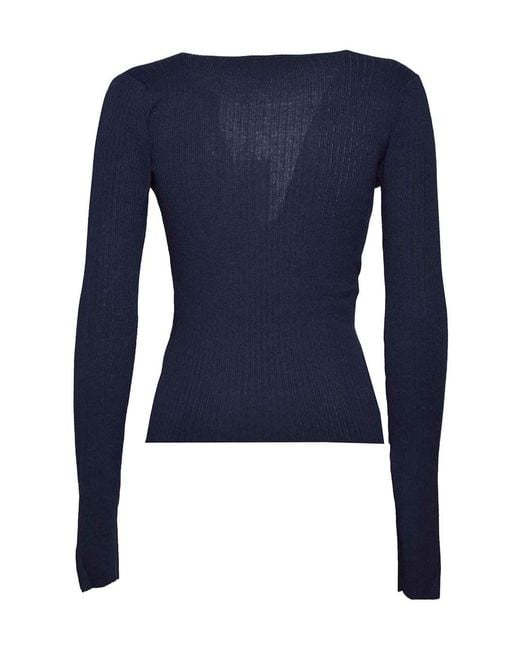 Max Mara Blue V-Neck Long-Sleeved Top