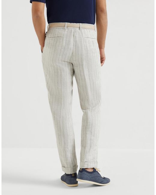 Brunello Cucinelli Gray Striped Pleated Trousers for men