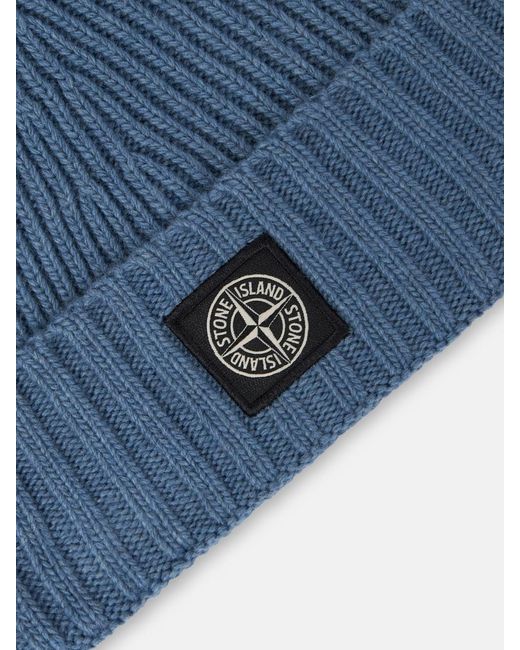 Stone Island Blue Logo-Patch Ribbed-Knit Beanie Hat