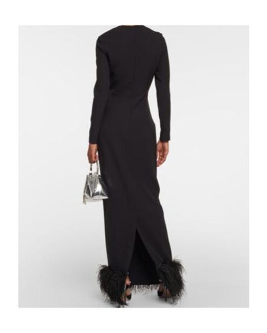 Safiyaa Black Feather-Trimmed Crêpe Gown