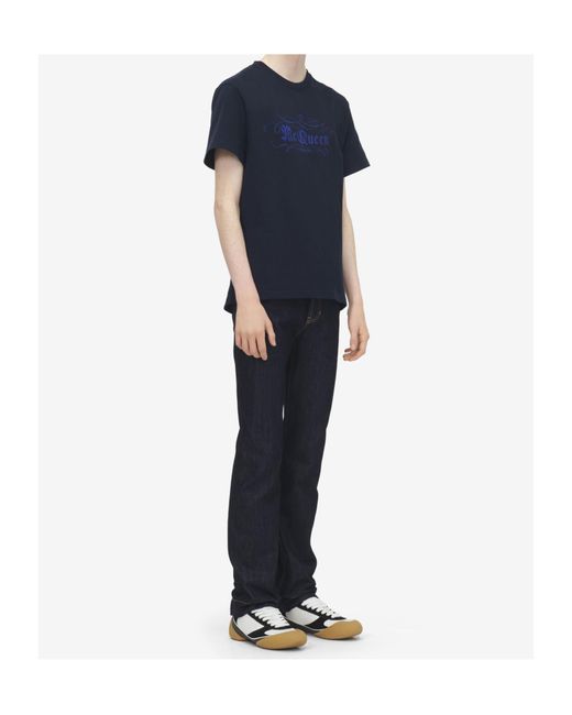 McQueen Blue Script Printed Crewneck T-Shirt for men