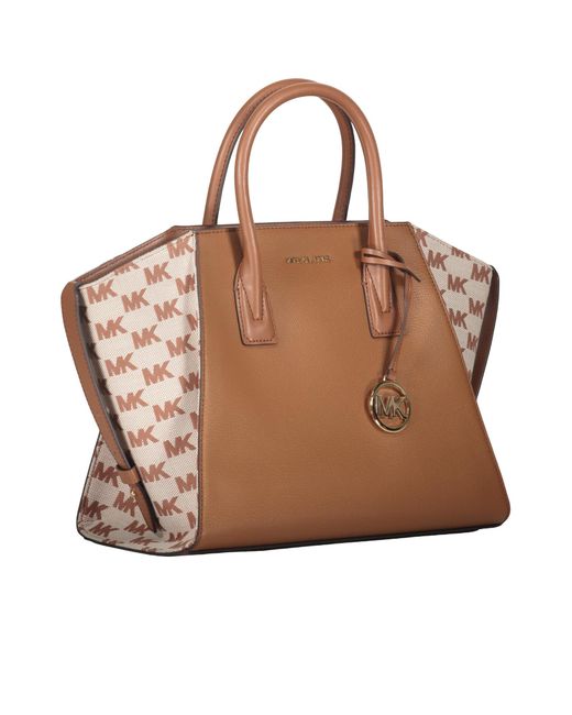 Michael Kors Brown Avril Large Leather And Logo Jacquard Satchel Bag