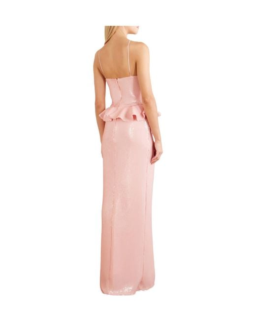 Rodarte Pink Floral-Appliquéd Ruffled Sequined Mesh Halterneck Gown