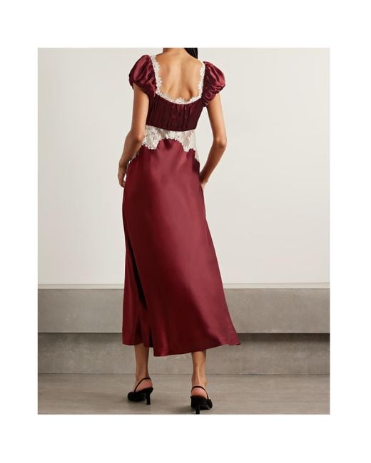 Doen Red Veda Bow-Detailed Corded Lace-Trimmed Silk-Charmeuse Midi Dress
