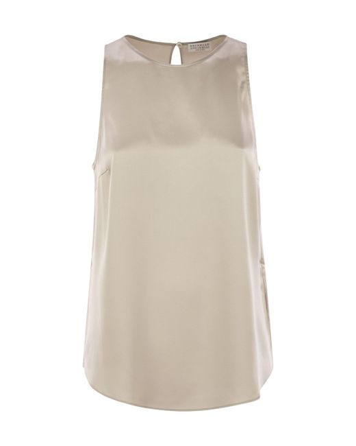 Brunello Cucinelli Natural Stretch Silk Satin Top With Jewellery