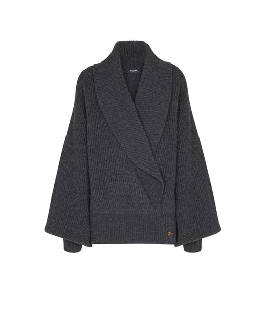 Balmain Black Batwing Open-Neck Ribbed Knit Sweater