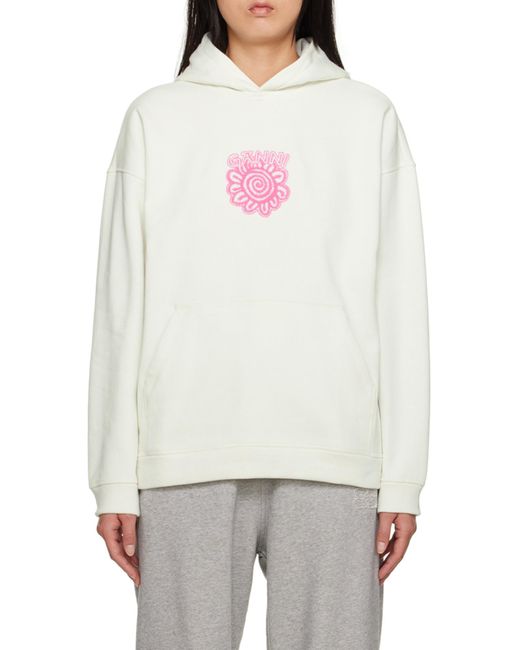 Ganni White Logo-Appliqué Long-Sleeved Hoodie