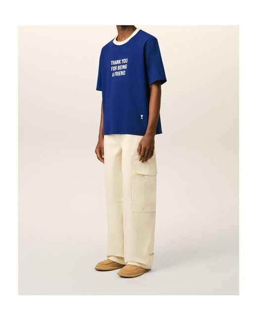 AMI Blue Printed Cotton Thank You For Being A Friend T-Shirt for men