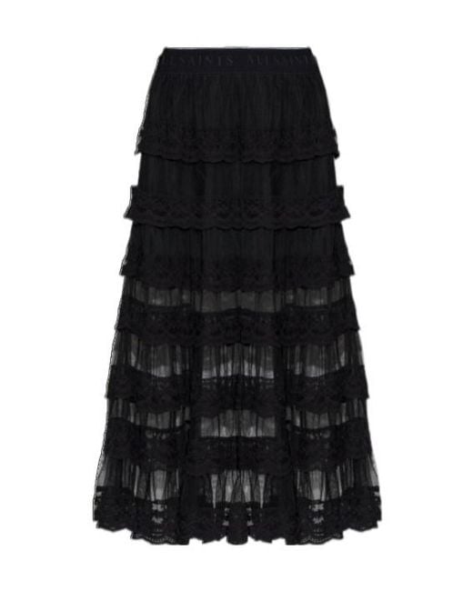 AllSaints Black Elastic Waist Midi Skirt