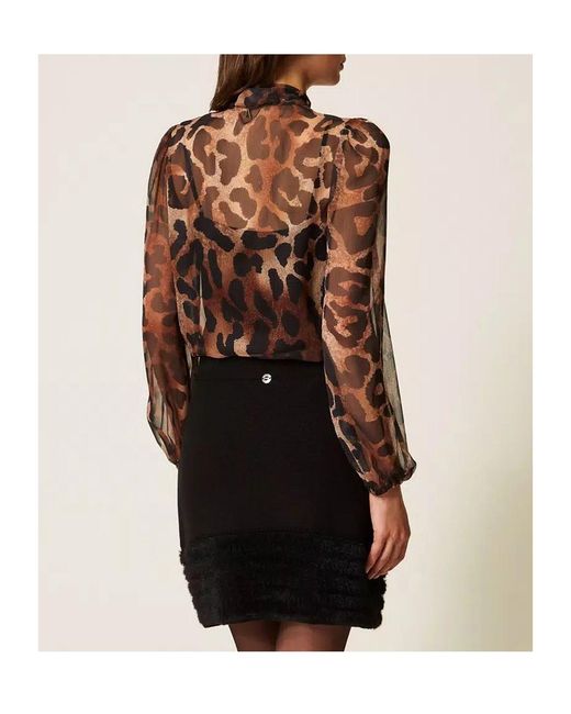 Twinset Brown Animal-Print Sheer Shirt