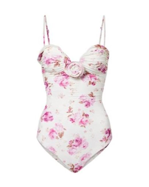 Magda Butrym Pink Floral-Appliqué Ruched Swimsuit