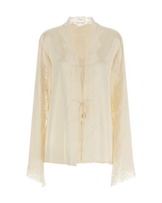 Alberta Ferretti White Cape Sleeved Satin Blouse