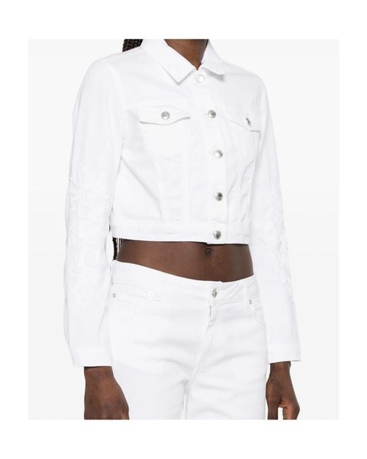 ERMANNO FIRENZE White Embroidered Cropped Denim Jacket