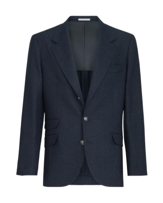 Brunello Cucinelli Blue Mouliné Virgin-Wool Twill Deconstructed Cavallo Blazer With Metal Buttons for men