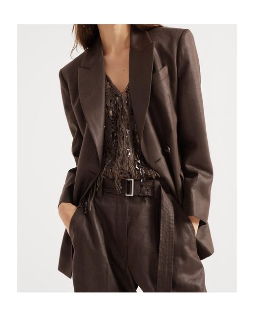 Brunello Cucinelli Brown Embellished Polished Twill Blazer
