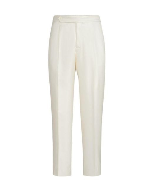Brunello Cucinelli White Pleated Waist-Tab Silk Trousers for men
