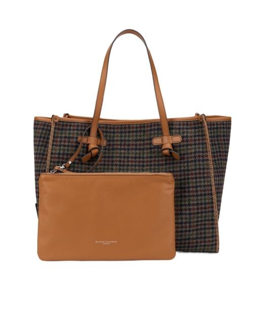 Gianni Chiarini Brown Checked Tote Bag With Pouch