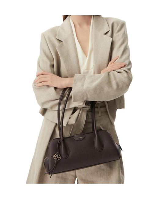 Calvin Klein Black Grained-Leather Logo-Charm Shoulder Bag