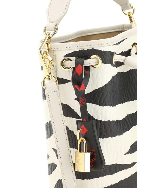 MCM White Zebra Printed Drawstring Tote Bag