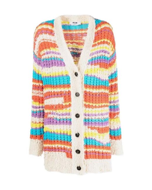 MSGM White Striped Chunky Knit Cardigan
