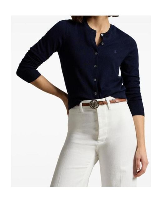 Polo Ralph Lauren Blue Crewneck Embroidered-Logo Wool Cardigan