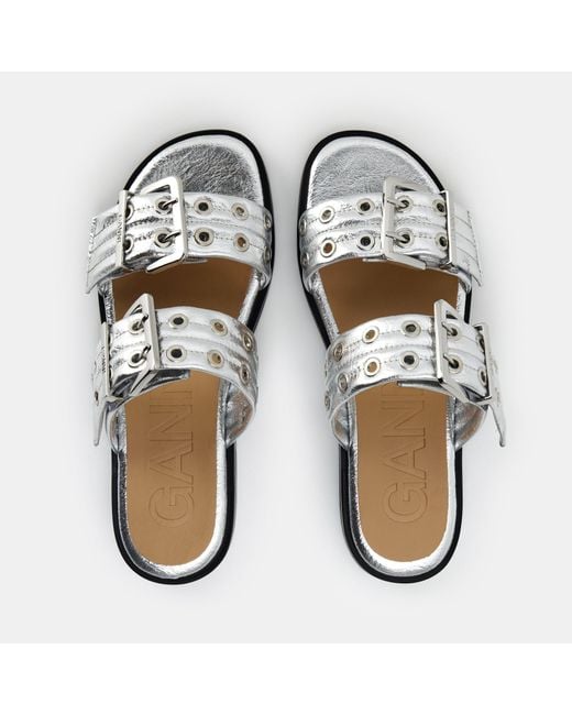 Ganni White Buckle Slippers