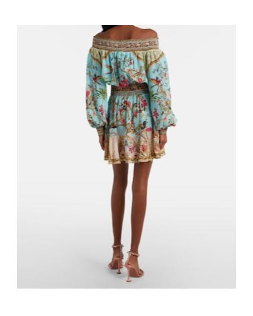 Camilla Blue Embellished Off-Shoulder Silk Crepe Mini Dress