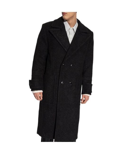 AMI Black Double-Breasted Virgin Wool Overcoat for men