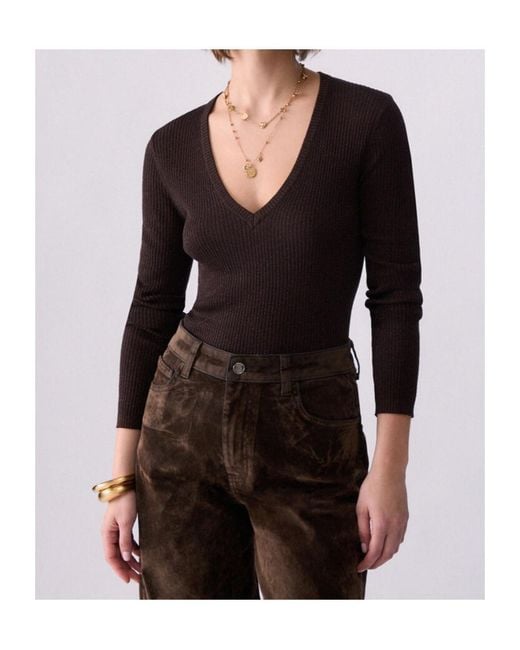 Liu Jo Brown Ribbed V-Neck Knitted Top