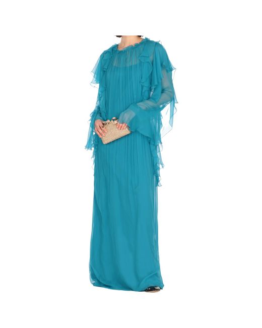 Alberta Ferretti Blue Ruffled Chiffon Gown