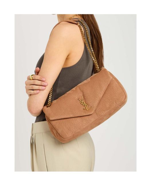 Saint Laurent Natural Calypso Small Padded Suede Shoulder Bag