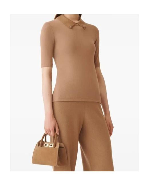 Fabiana Filippi Brown Short Sleeve T-Shirt With Knit Collar And Pins