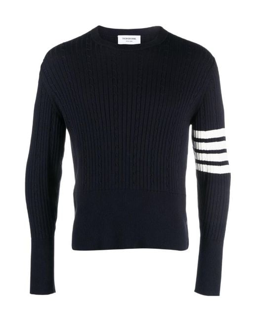Thom Browne Blue Bar Stripe Detailed Crewneck Jumper for men