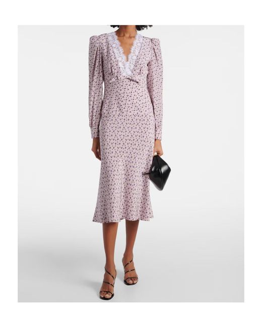 Alessandra Rich Purple Floral Lace-Trimmed Silk Midi Dress