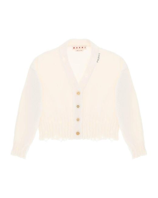 Marni White Distressed Cropped Knitted Cardigan