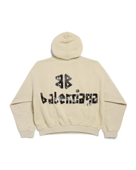 Balenciaga Natural Cotton Distressed Tape Logo Hoodie for men