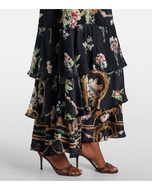 Camilla Black Belted Floral Tiered Silk Maxi Dress