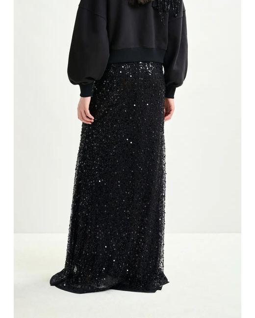 Essentiel Antwerp Black Panelled Maxi Skirt With Sequin And Bead Embellishments