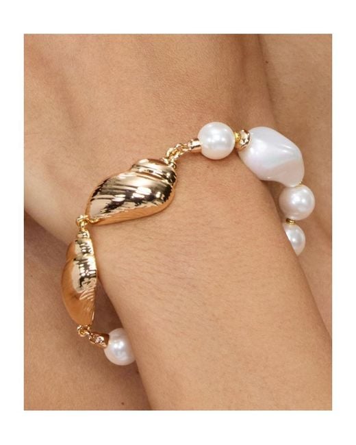 Self-Portrait Metallic Glass-Pearl Shell-Motif Bracelet