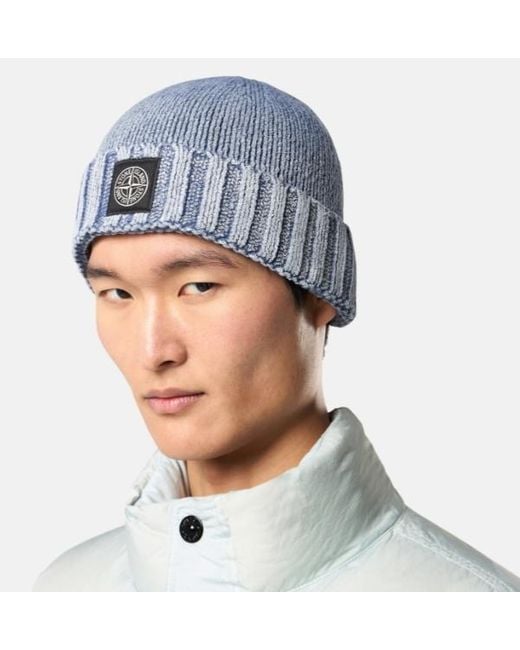 Stone Island Blue Ribbed Logo-Patch Beanie Hat for men