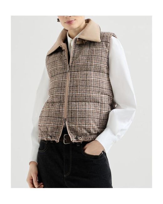 Brunello Cucinelli Brown Twill And Prince-Of-Wales Reversible Down Vest With Detachable-Leather-Collar And Monili