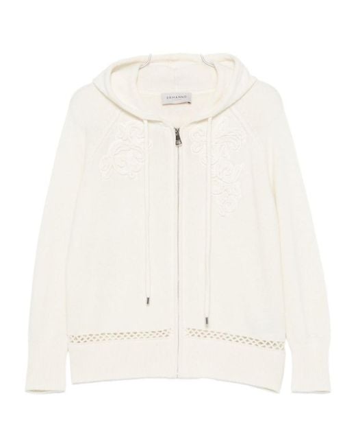 ERMANNO FIRENZE White Floral-Embroidered Open-Knit Hoodie