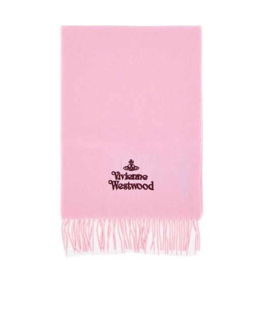 Vivienne Westwood Pink Logo Embroidered Fringed Scarf