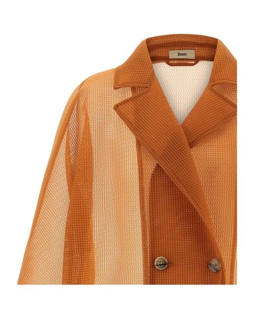 Herno Brown Double-Breasted Mesh Coat